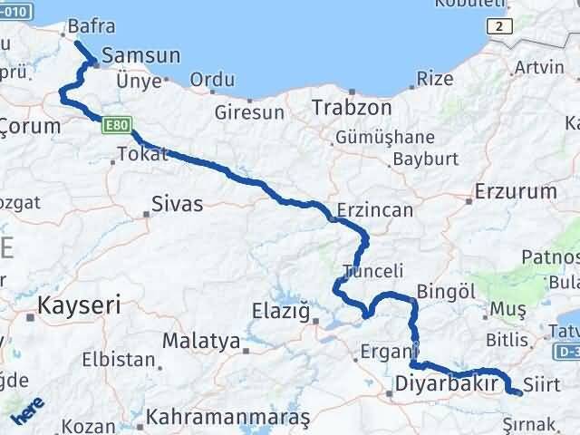 Siirt 19 Mayıs Samsun Arası Kaç Km - Yol Haritası