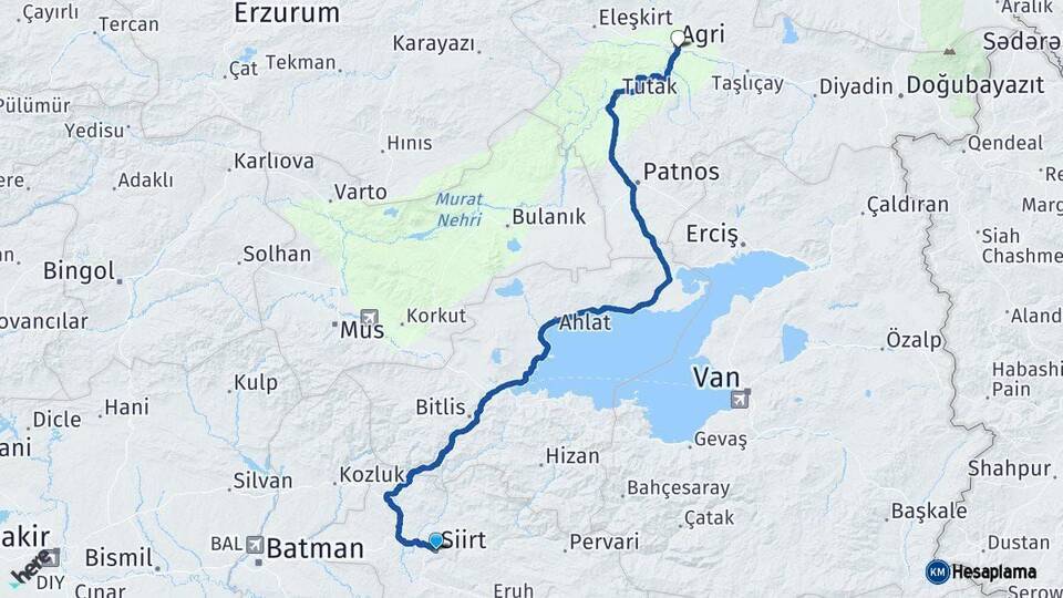 Siirt Ağrı Arası Kaç Km - Yol Haritası