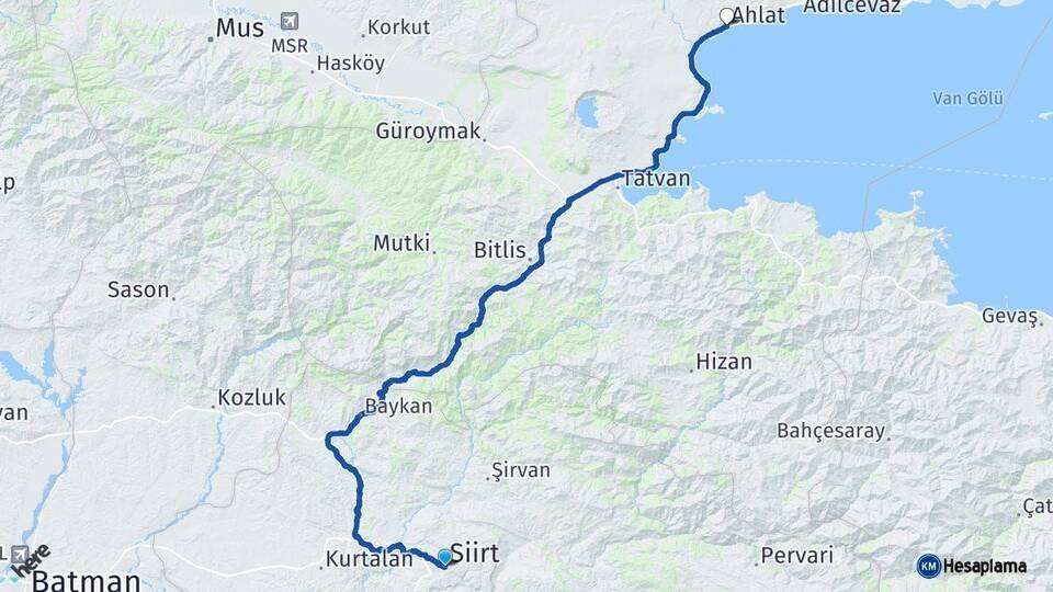 Siirt Ahlat Bitlis Arası Kaç Km - Yol Haritası