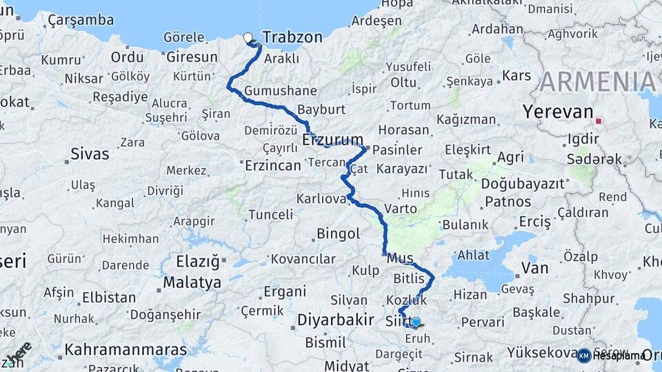 Siirt Akçaabat Trabzon Arası Kaç Km - Yol Haritası