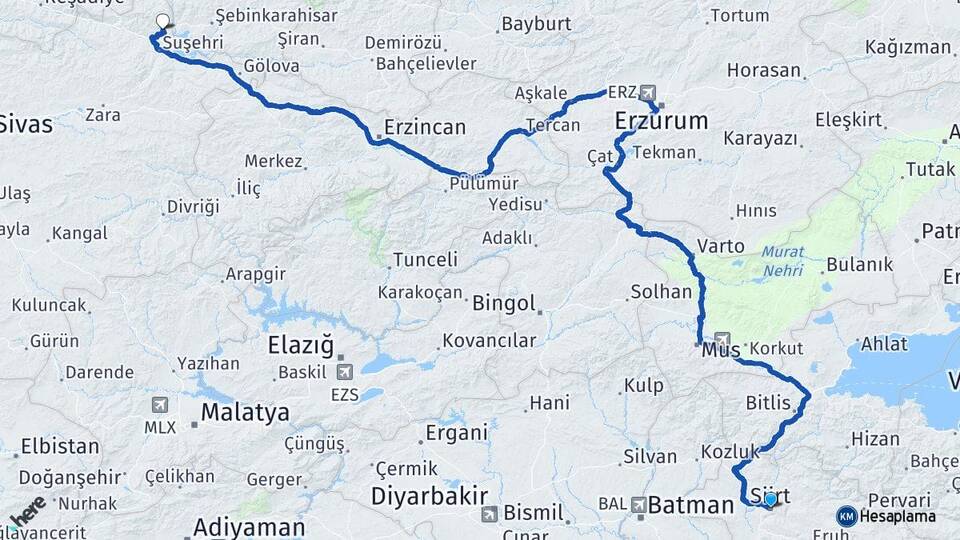 Siirt Akıncı Suşehri Sivas Arası Kaç Km - Yol Haritası