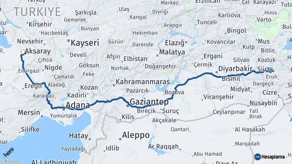 Siirt Aksaray Arası Kaç Km - Yol Haritası