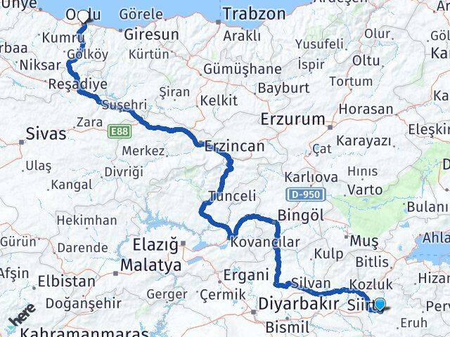 Siirt Altınordu Arası Kaç Km - Yol Haritası