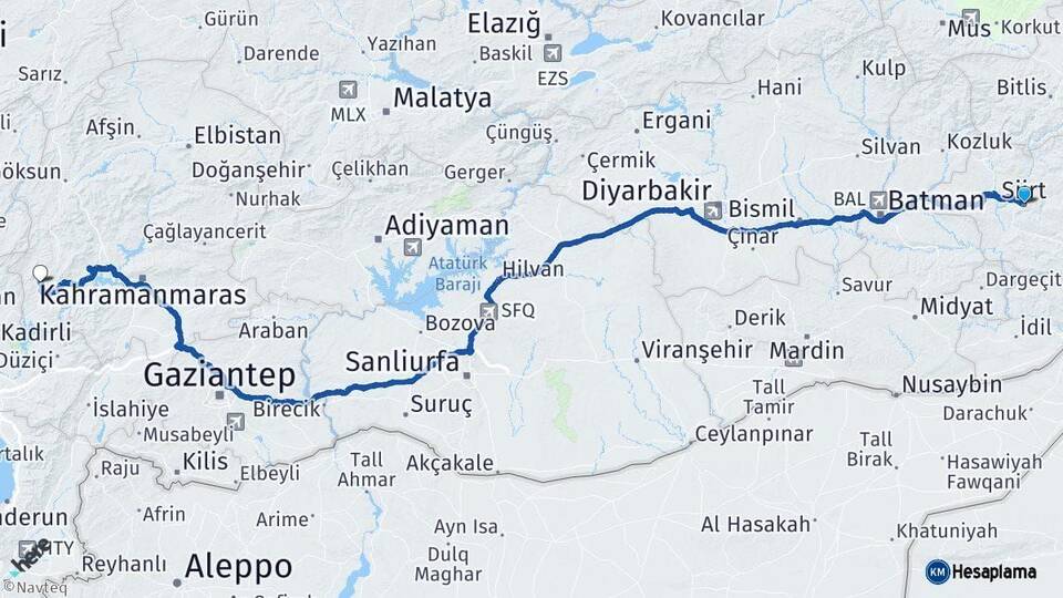Siirt Andırın Kahramanmaraş Arası Kaç Km - Yol Haritası