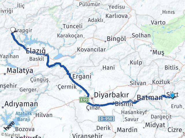 Siirt Arapgir Malatya Arası Kaç Km - Yol Haritası