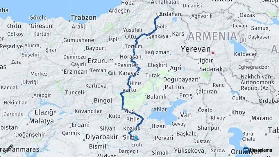 Siirt Ardahan Arası Kaç Km - Yol Haritası