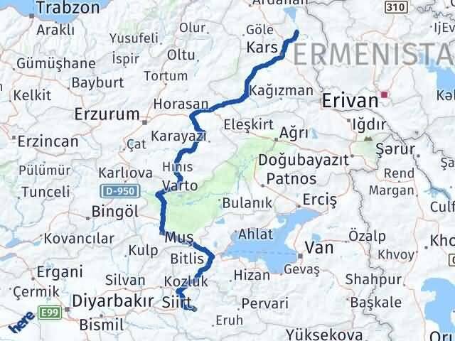 Siirt Arpaçay Kars Arası Kaç Km - Yol Haritası