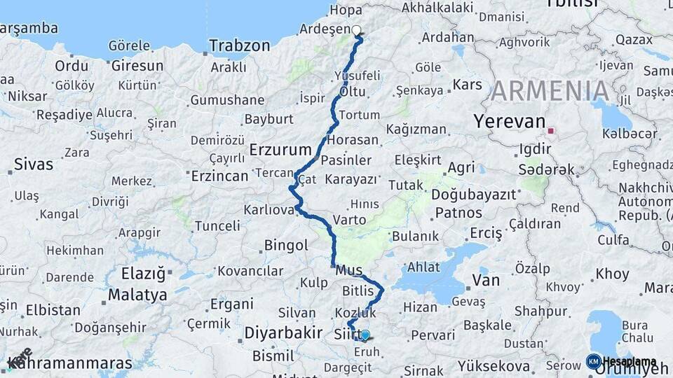 Siirt Artvin Arası Kaç Km - Yol Haritası