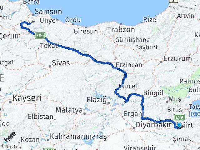 Siirt Asarcık Samsun Arası Kaç Km - Yol Haritası