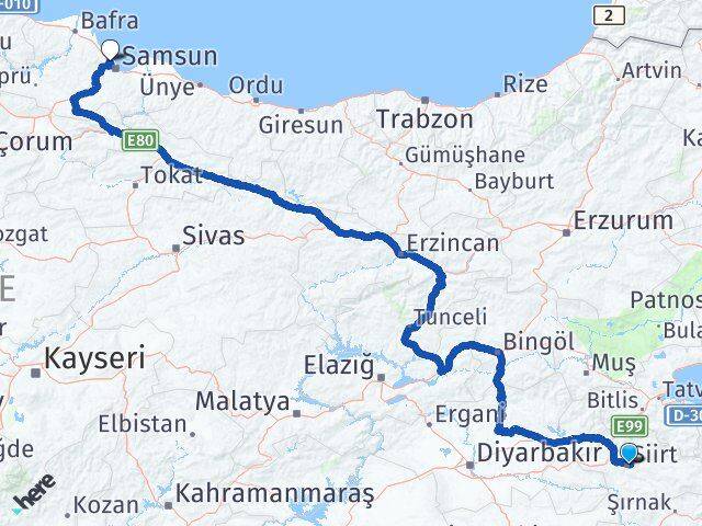 Siirt Atakum Samsun Arası Kaç Km - Yol Haritası