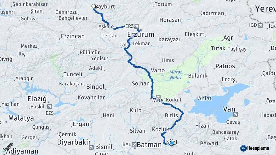 Siirt Bayburt Arası Kaç Km - Yol Haritası