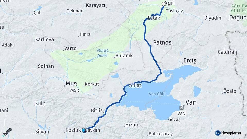 Siirt Baykan Ağrı Arası Kaç Km - Yol Haritası