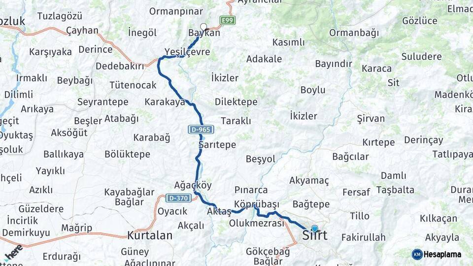 Siirt Baykan Arası Kaç Km - Yol Haritası