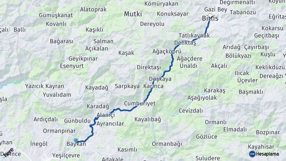 Siirt Baykan Bitlis Arası Kaç Km - Yol Haritası