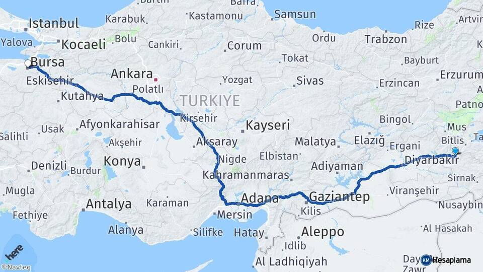 Siirt Baykan Bursa Arası Kaç Km - Yol Haritası