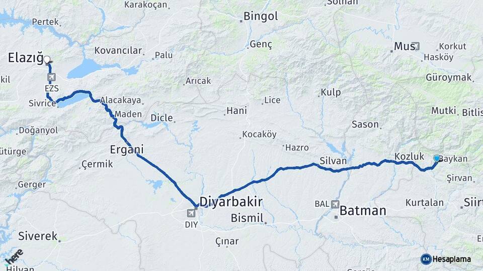 Siirt Baykan Elazığ Arası Kaç Km - Yol Haritası