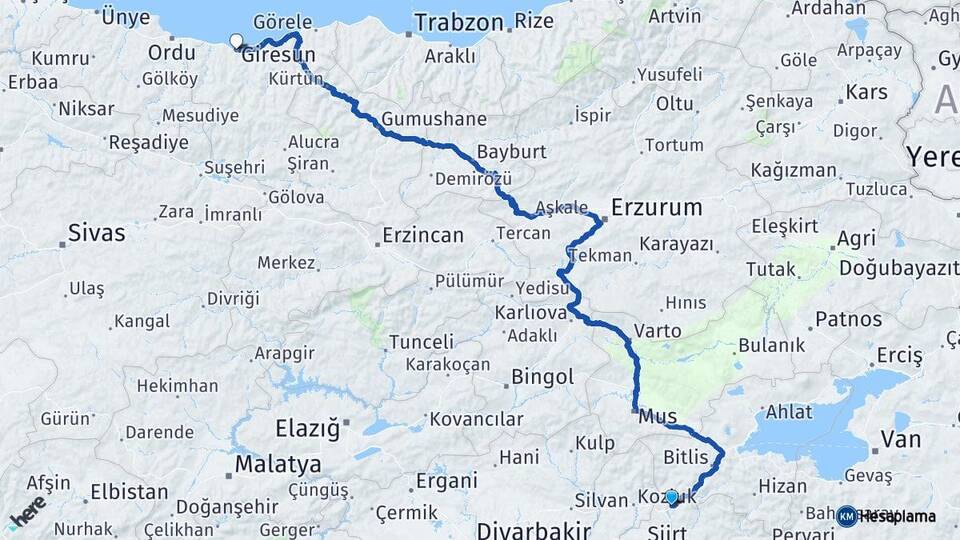 Siirt Baykan Giresun Arası Kaç Km - Yol Haritası