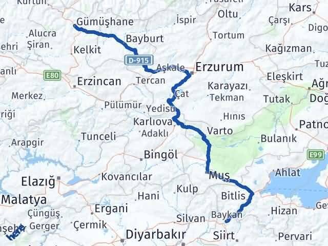 Siirt Baykan Gümüşhane Arası Kaç Km - Yol Haritası