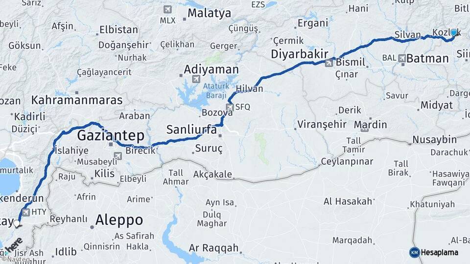 Siirt Baykan Hatay Arası Kaç Km - Yol Haritası