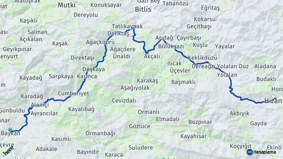 Siirt Baykan Hizan Bitlis Arası Kaç Km - Yol Haritası