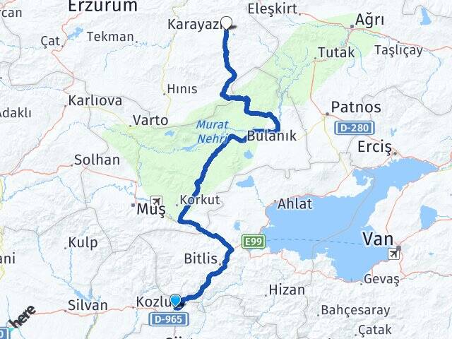 Siirt Baykan Karayazı Erzurum Arası Kaç Km - Yol Haritası