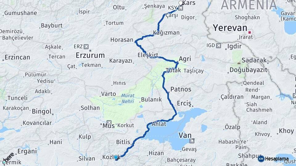 Siirt Baykan Kars Arası Kaç Km - Yol Haritası