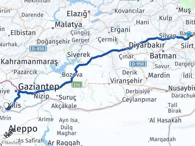 Siirt Baykan Kilis Arası Kaç Km - Yol Haritası