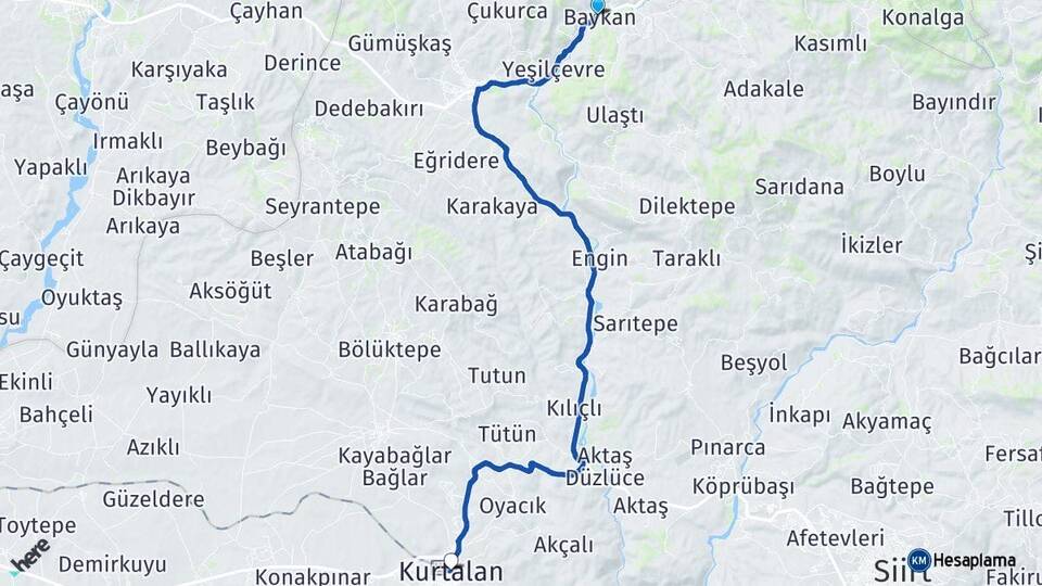 Siirt Baykan Kurtalan Arası Kaç Km - Yol Haritası