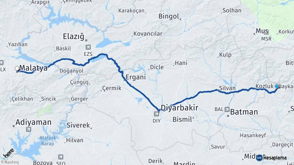 Siirt Baykan Malatya Arası Kaç Km - Yol Haritası
