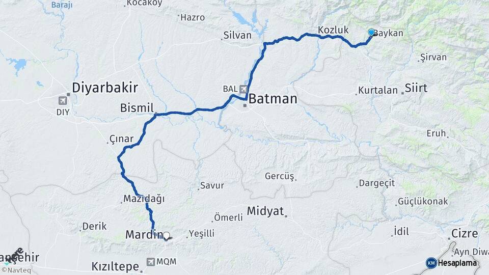 Siirt Baykan Mardin Arası Kaç Km - Yol Haritası