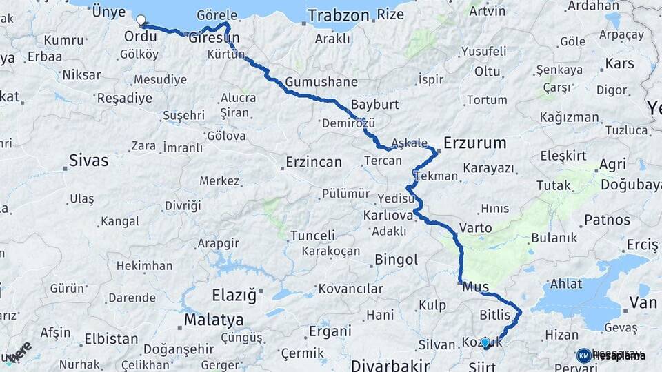 Siirt Baykan Ordu Arası Kaç Km - Yol Haritası