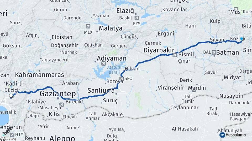 Siirt Baykan Osmaniye Arası Kaç Km - Yol Haritası