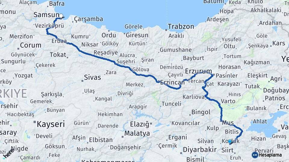 Siirt Baykan Samsun Arası Kaç Km - Yol Haritası