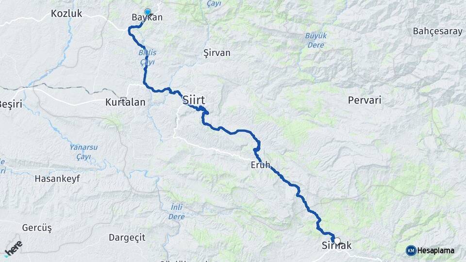 Siirt Baykan Şırnak Arası Kaç Km - Yol Haritası