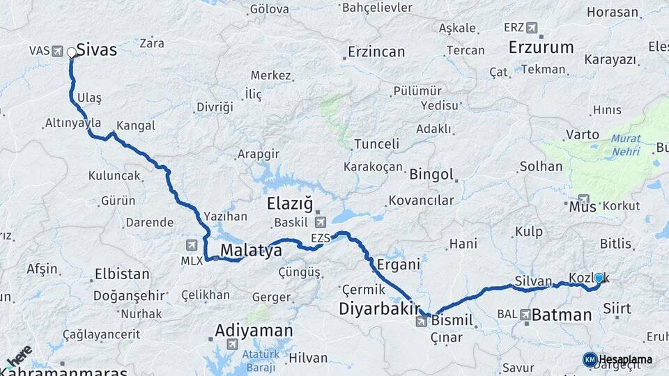 Siirt Baykan Sivas Arası Kaç Km - Yol Haritası