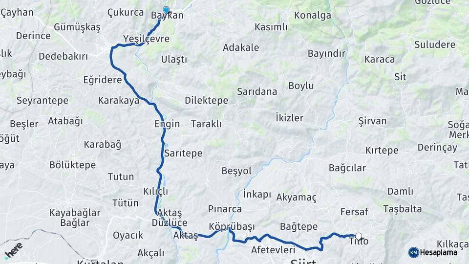 Siirt Baykan Tillo Arası Kaç Km - Yol Haritası