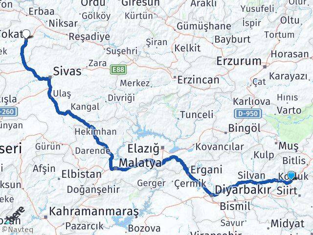 Siirt Baykan Tokat Arası Kaç Km - Yol Haritası