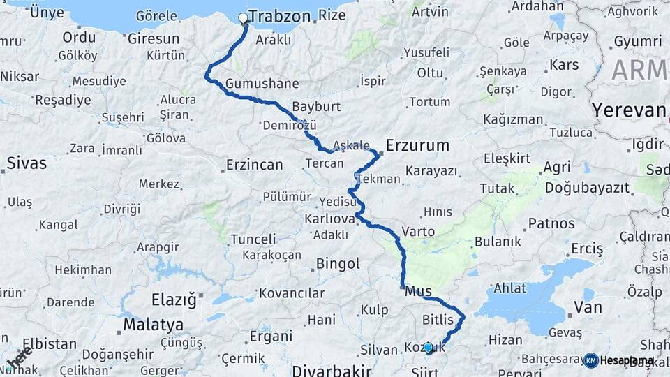 Siirt Baykan Trabzon Arası Kaç Km - Yol Haritası