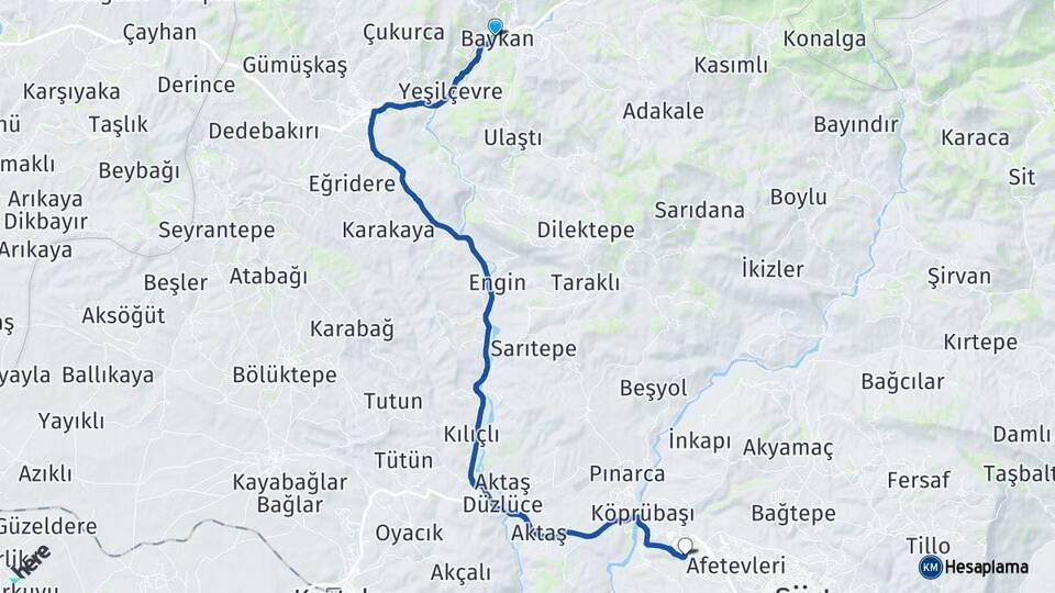 Siirt Baykan Veysel Karani Arası Kaç Km - Yol Haritası