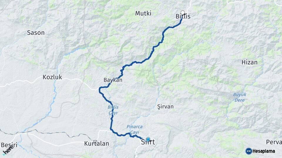 Siirt Bitlis Arası Kaç Km - Yol Haritası