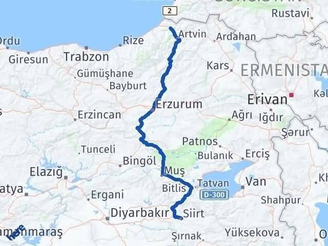 Siirt Borçka Artvin Arası Kaç Km - Yol Haritası
