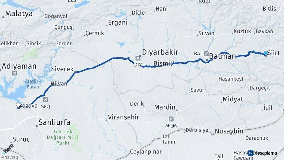 Siirt Bozova Şanlıurfa Arası Kaç Km - Yol Haritası