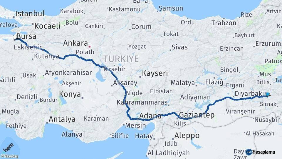 Siirt Bursa Arası Kaç Km - Yol Haritası