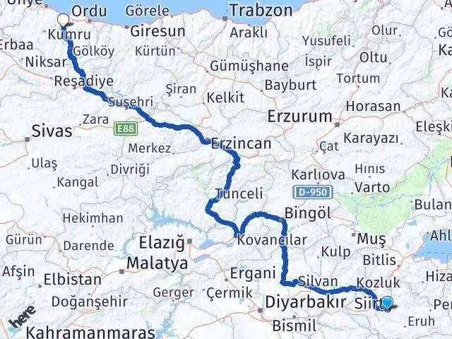Siirt Çamaş Ordu Arası Kaç Km - Yol Haritası