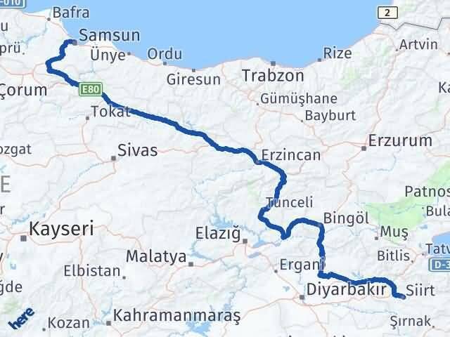 Siirt Canik Samsun Arası Kaç Km - Yol Haritası