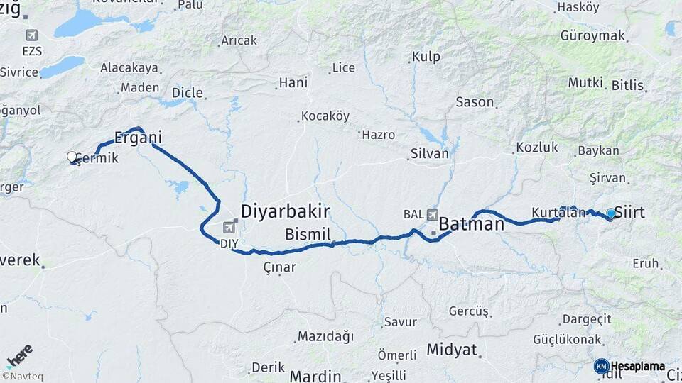 Siirt Çermik Diyarbakır Arası Kaç Km - Yol Haritası