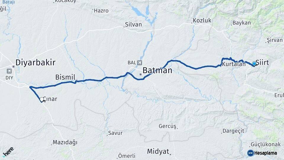 Siirt Çınar Diyarbakır Arası Kaç Km - Yol Haritası
