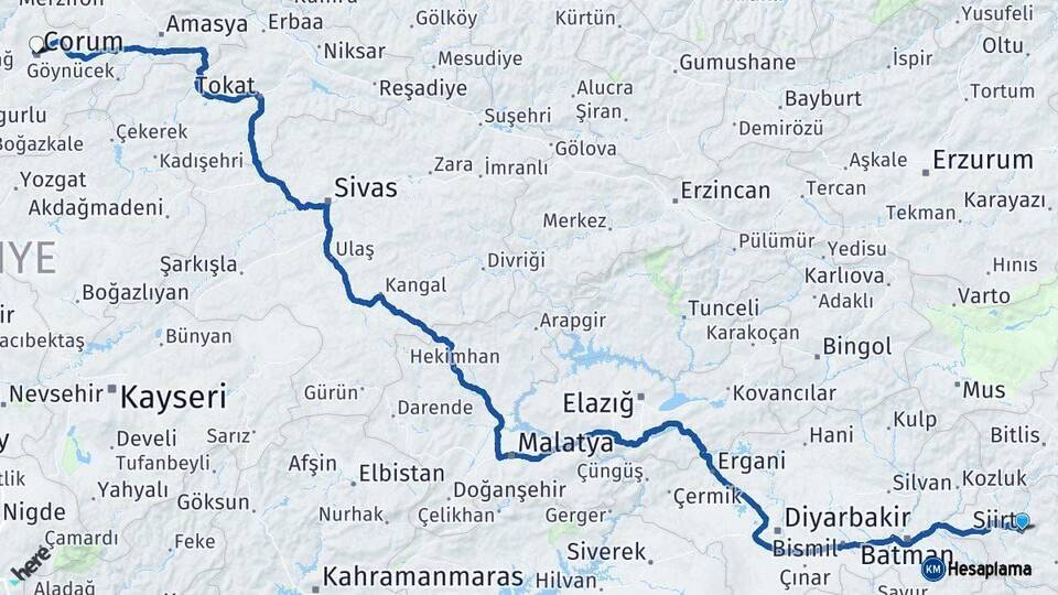 Siirt Çorum Arası Kaç Km - Yol Haritası