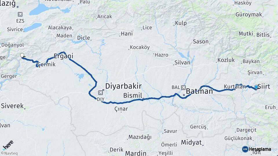 Siirt Çüngüş Diyarbakır Arası Kaç Km - Yol Haritası
