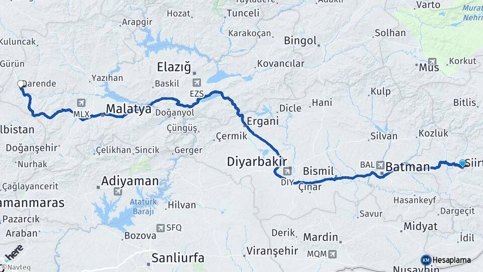 Siirt Darende Malatya Arası Kaç Km - Yol Haritası